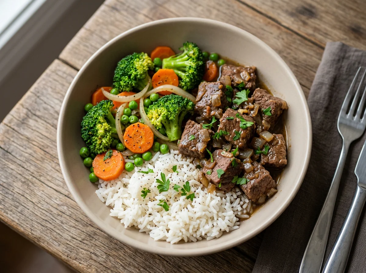 Marmita de carne com arroz e vegetais photo