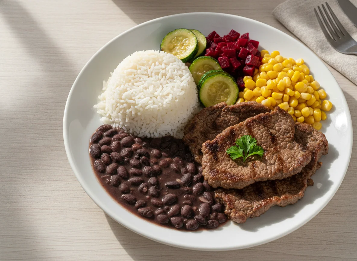 Marmita de Carne com Arroz, Feijão, Milho e Legumes photo