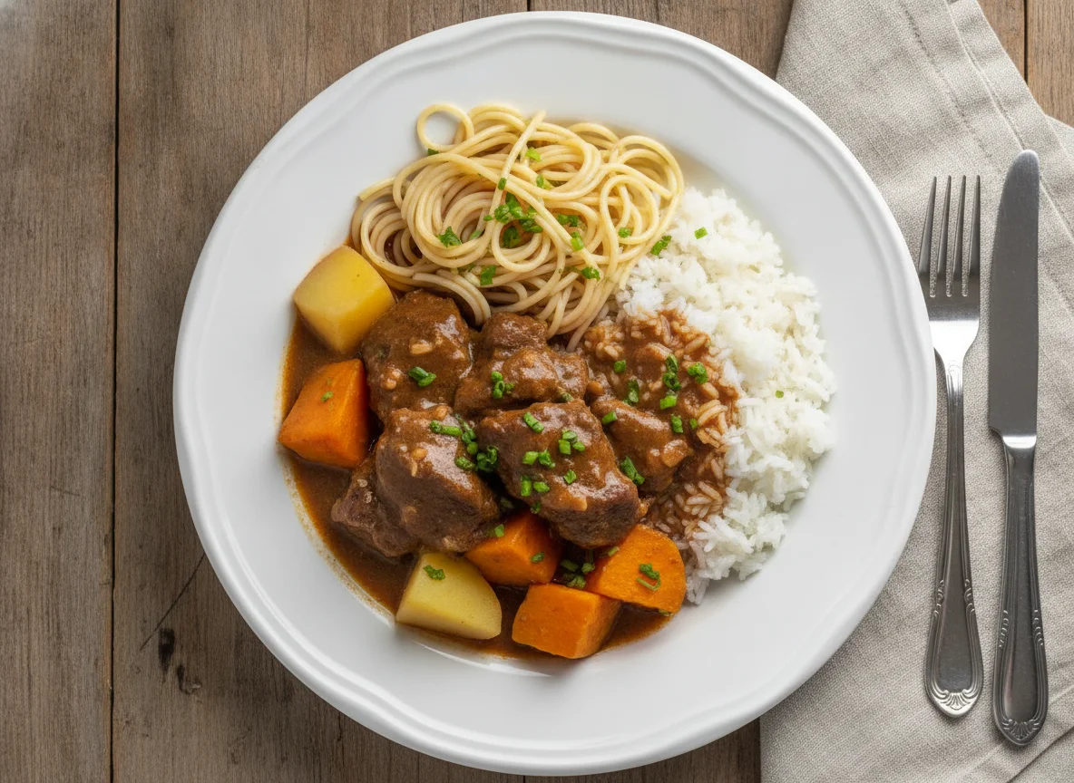 Marmita de Carne com Batata, Batata Doce e Macarrão photo