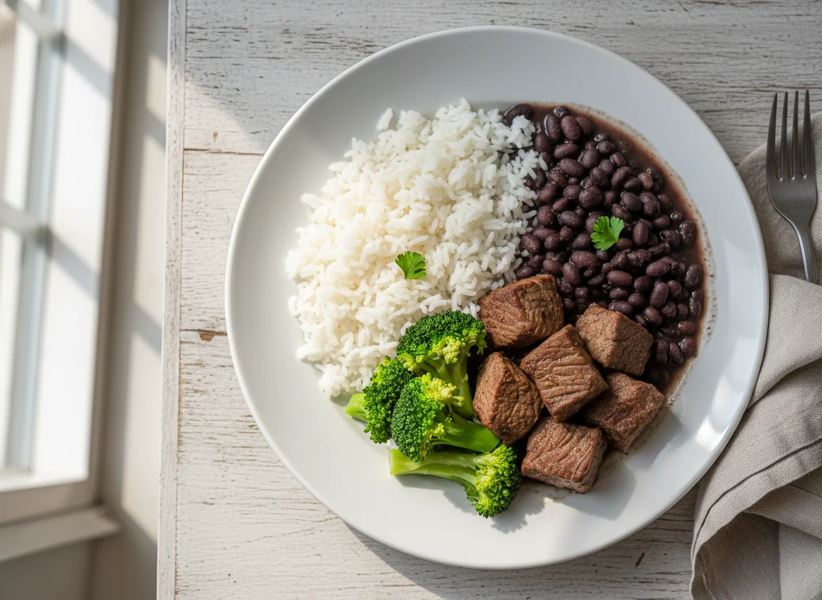 Marmita de carne com brócolis, arroz e feijão photo