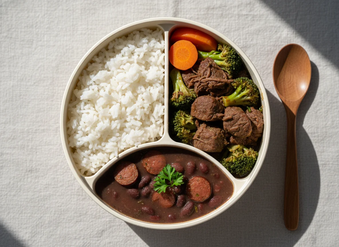 Marmita de carne com brócolis e arroz photo