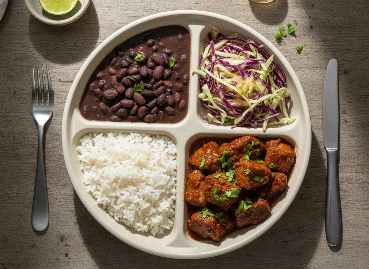 Marmita de carne com feijão, arroz e salada de repolho photo