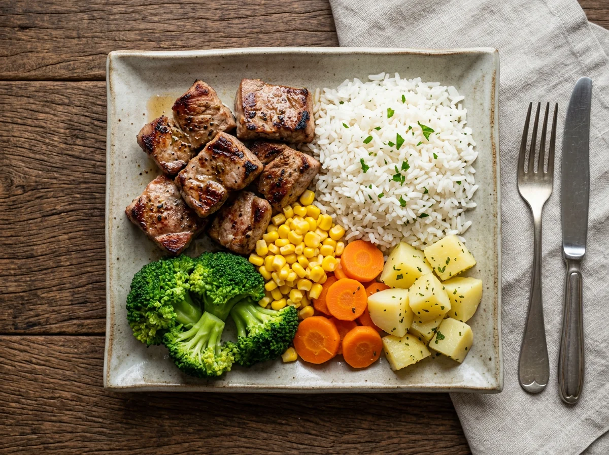 Marmita de carne com legumes e arroz photo