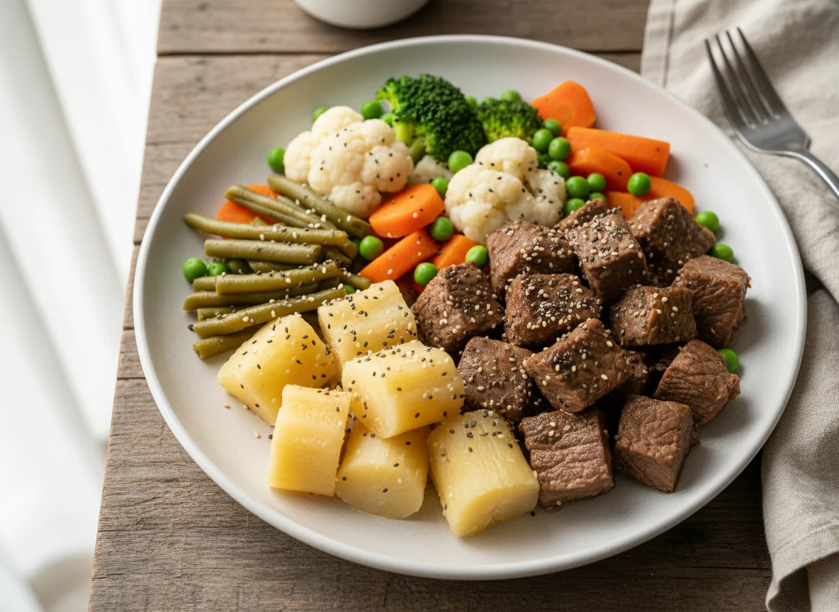 Marmita de carne com legumes e mandioca photo