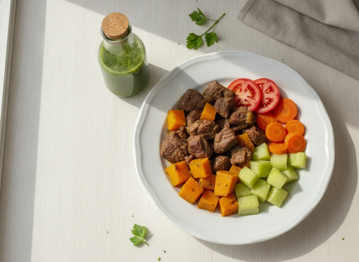 Marmita de Carne com Legumes e Suco Verde photo