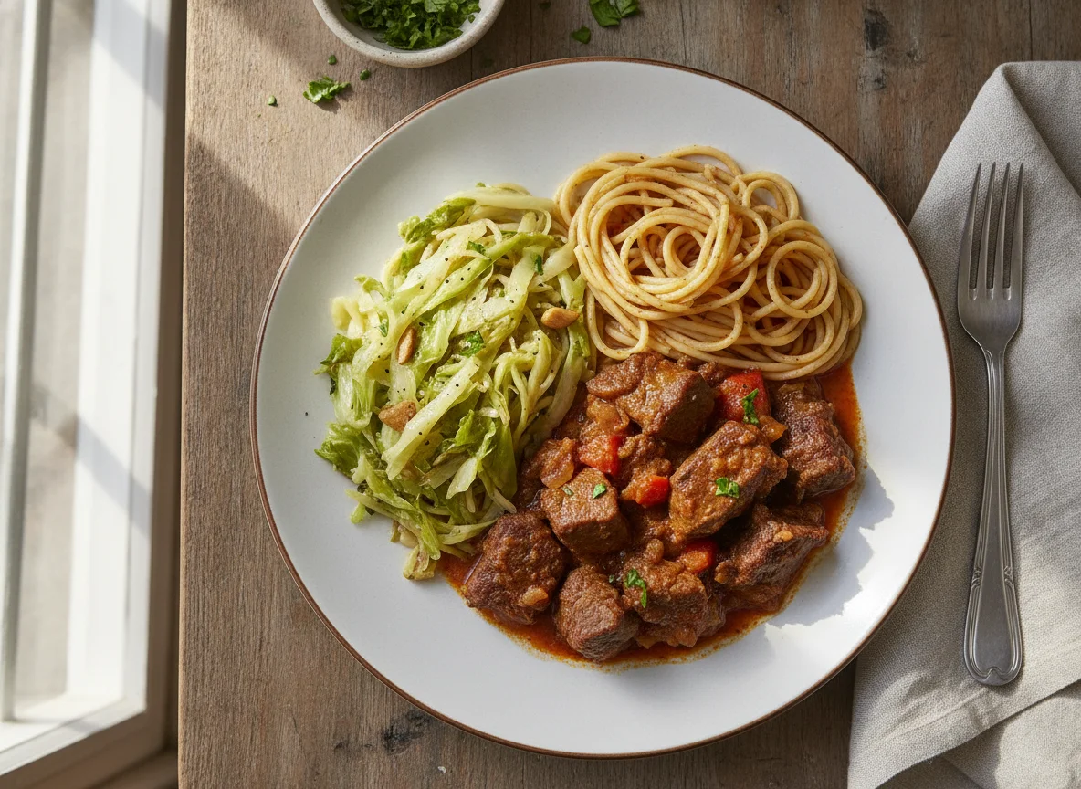 Marmita de carne com macarrão e repolho photo