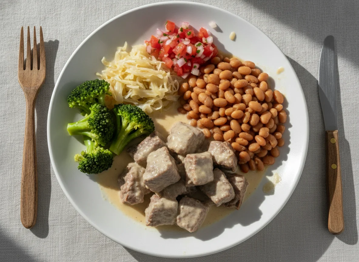 Marmita de Carne com Molho Branco, Feijão e Brócolis photo