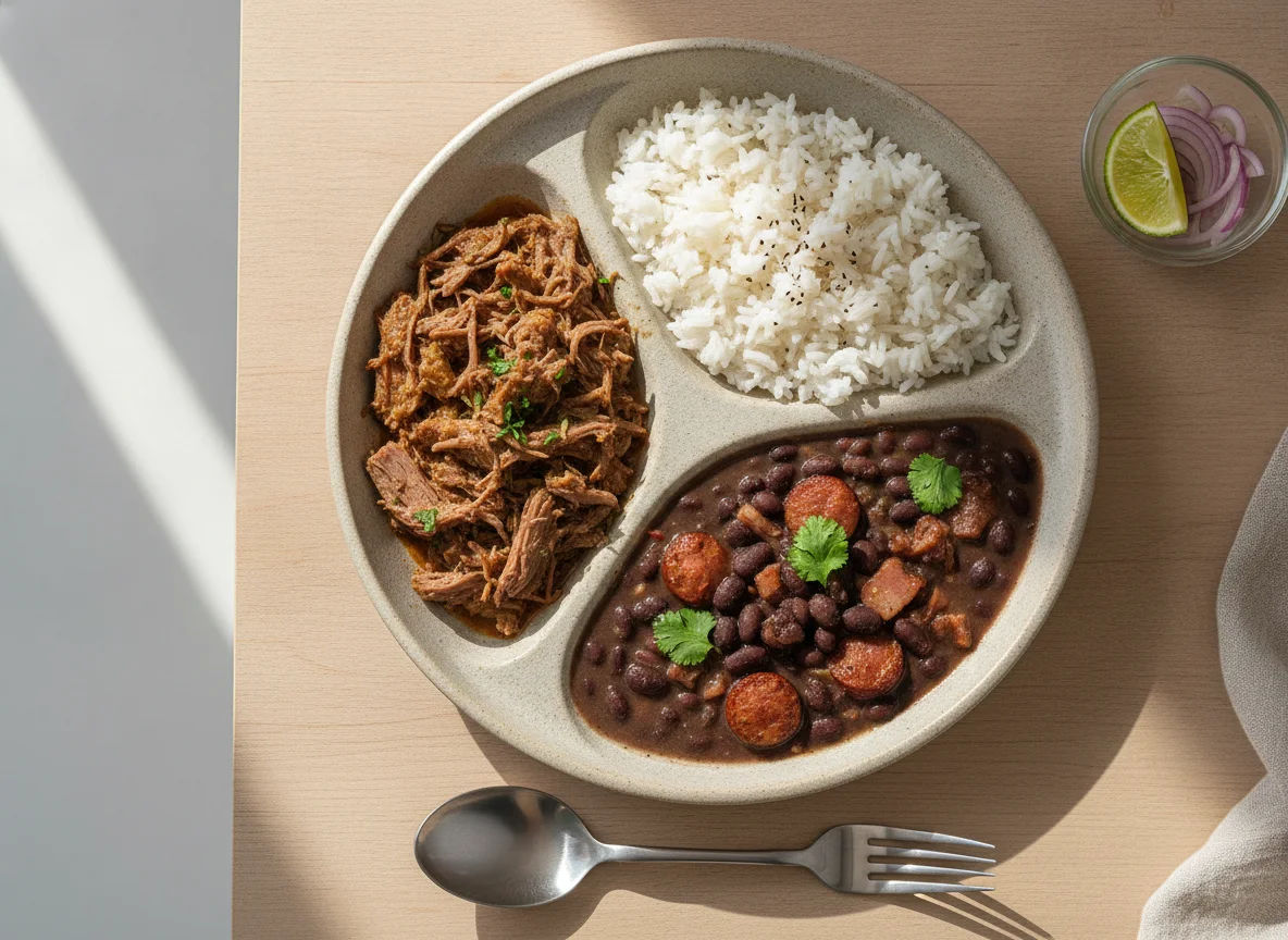 Marmita de carne desfiada, arroz e feijão photo