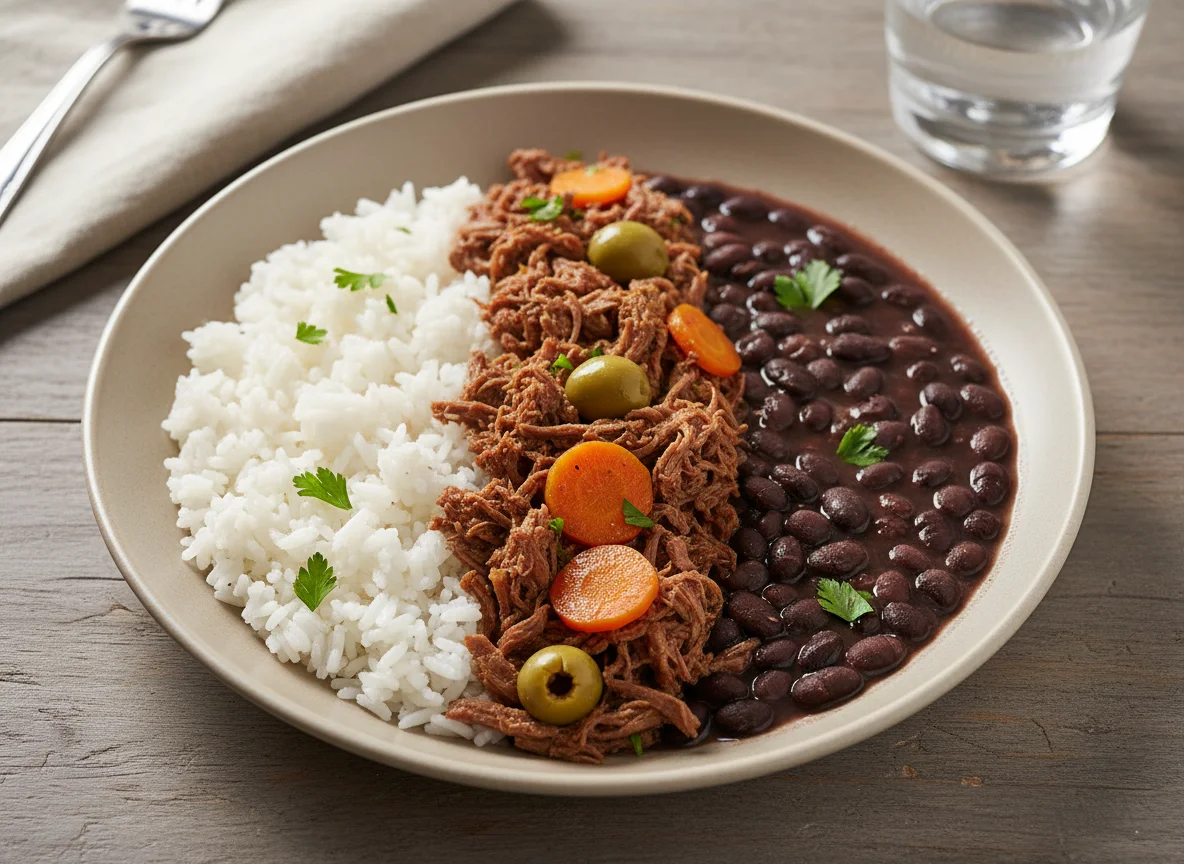Marmita de carne desfiada com arroz e feijão photo