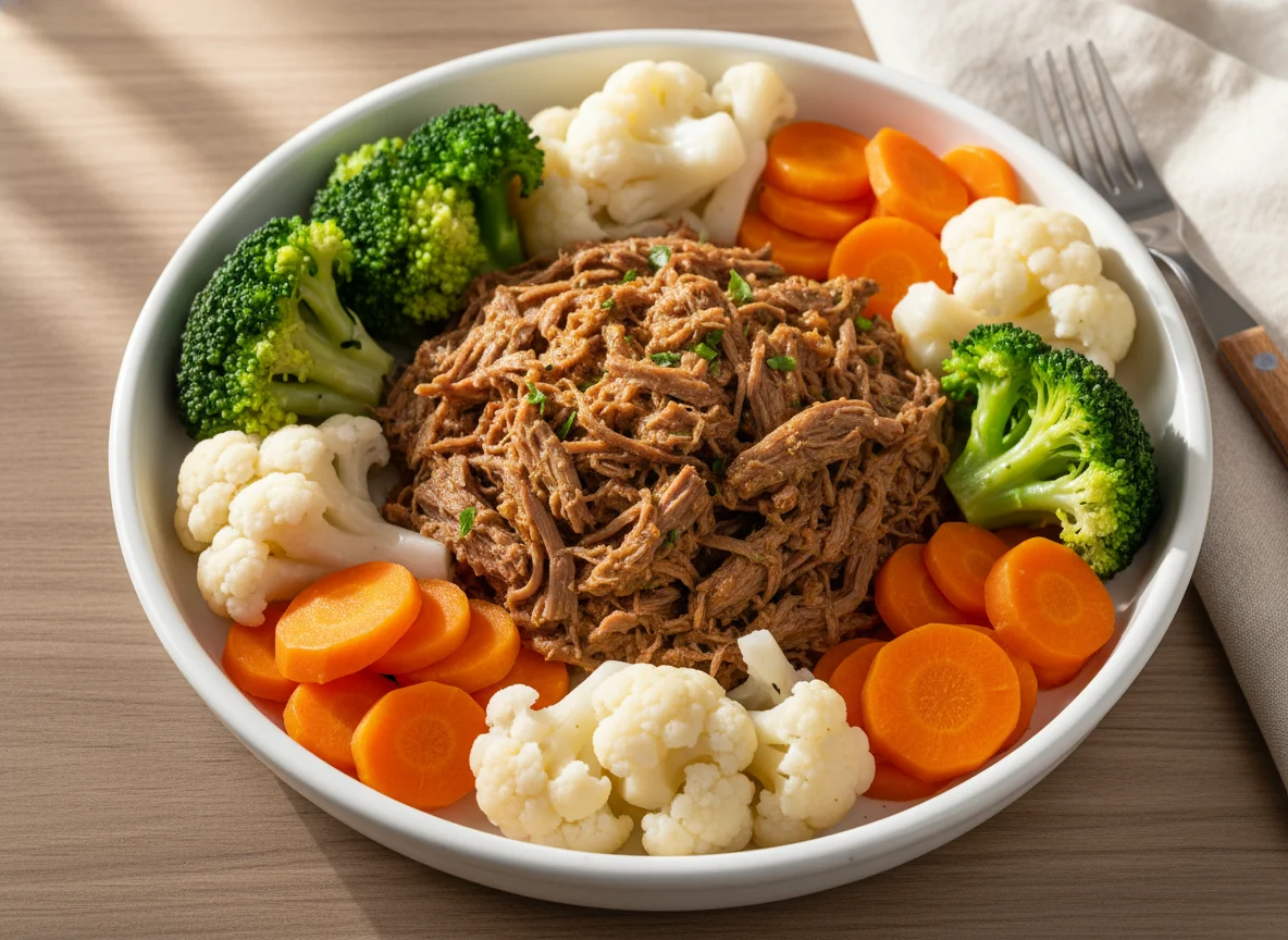 Marmita de carne desfiada com legumes photo