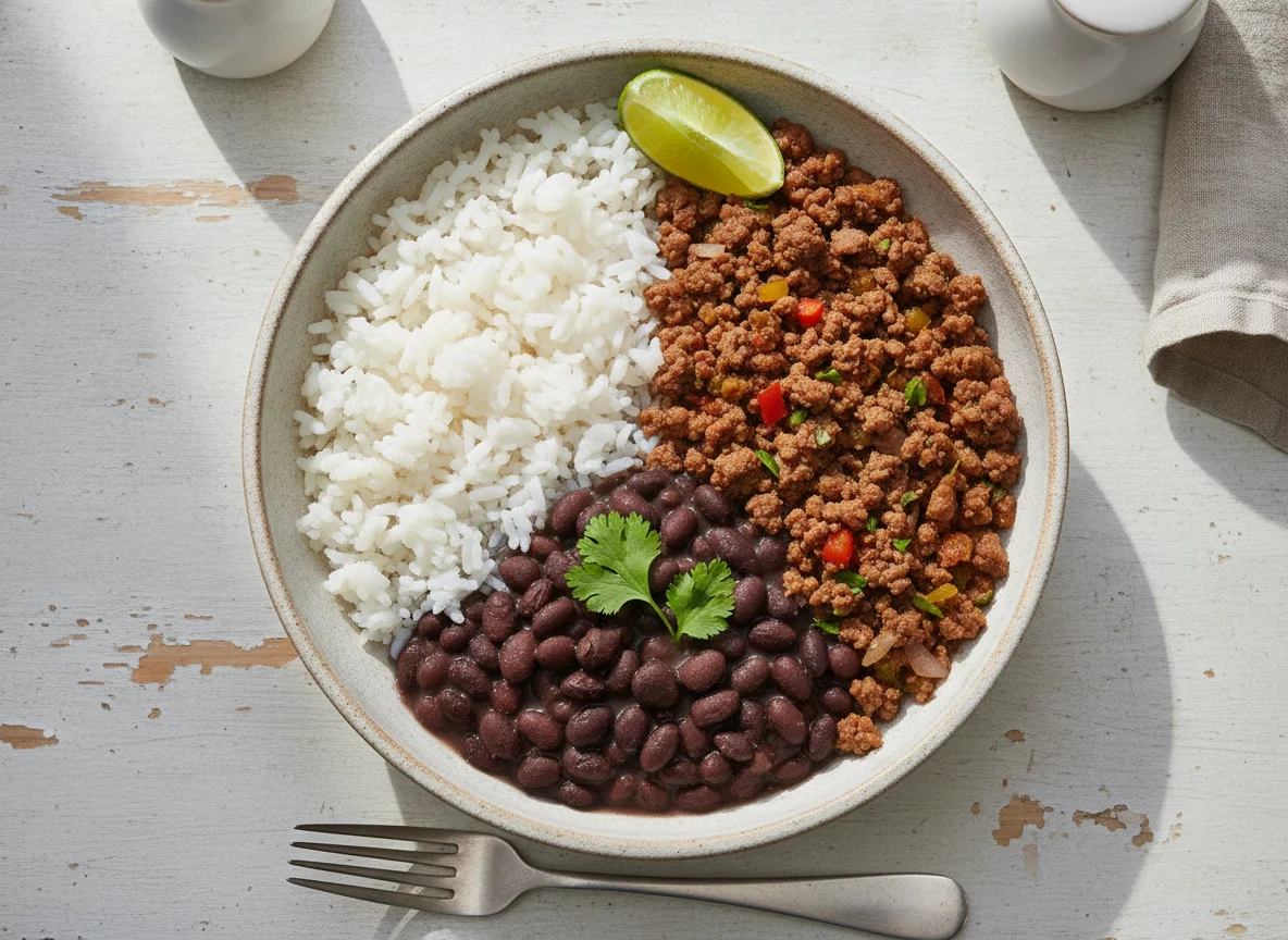 Marmita de carne moída, arroz e feijão photo