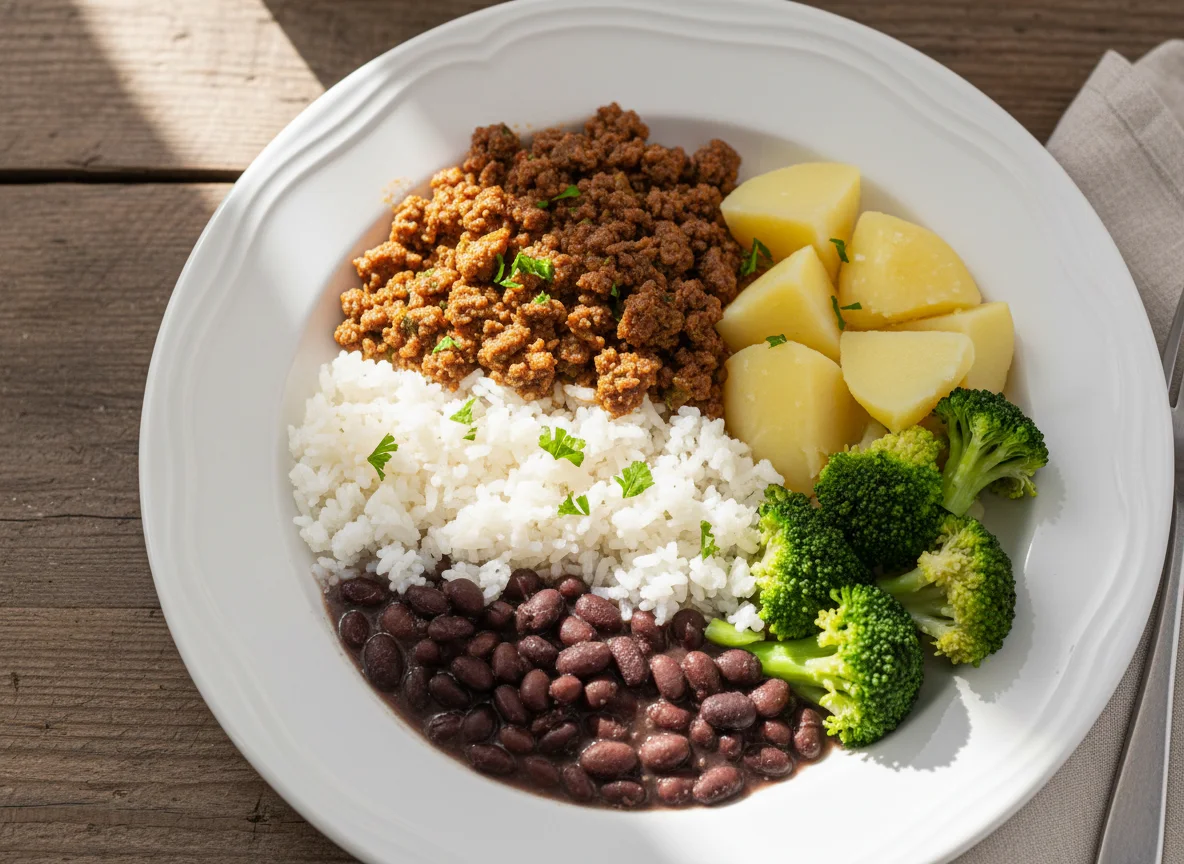 Marmita de carne moída, arroz, feijão, batata e brócolis photo