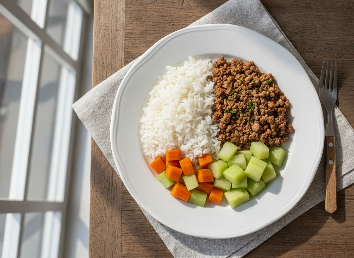 Marmita de carne moída com arroz e legumes photo