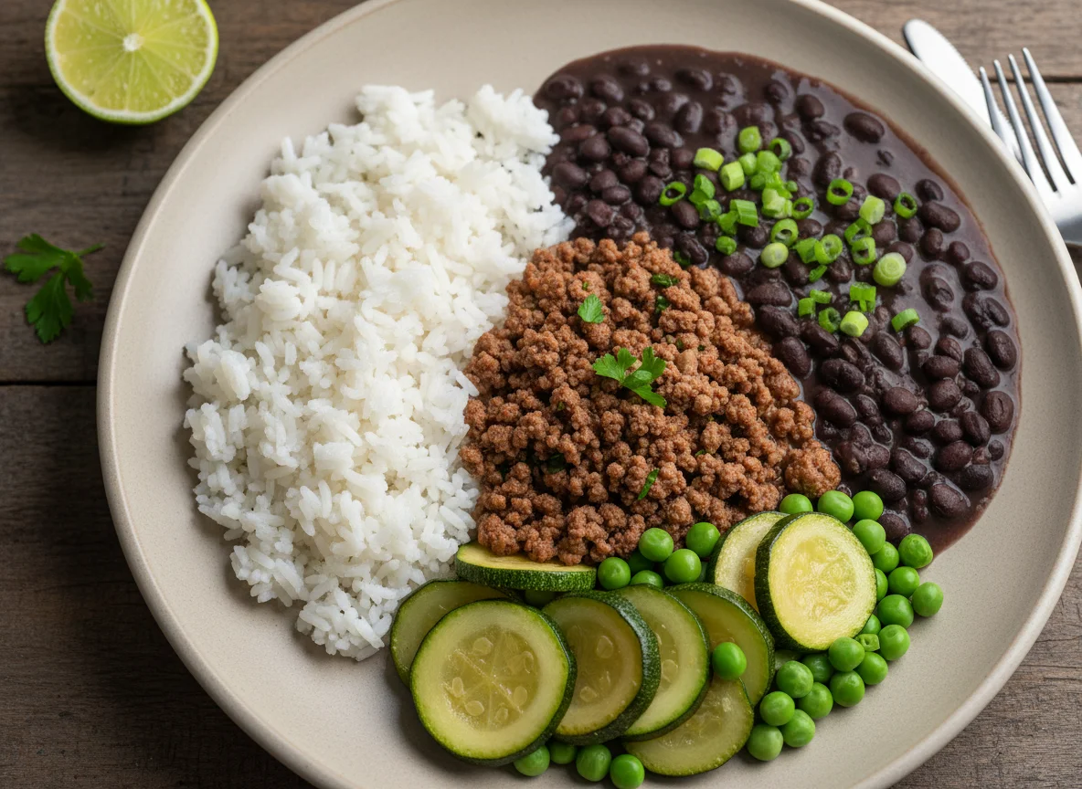 Marmita de carne moída com arroz, feijão e legumes photo