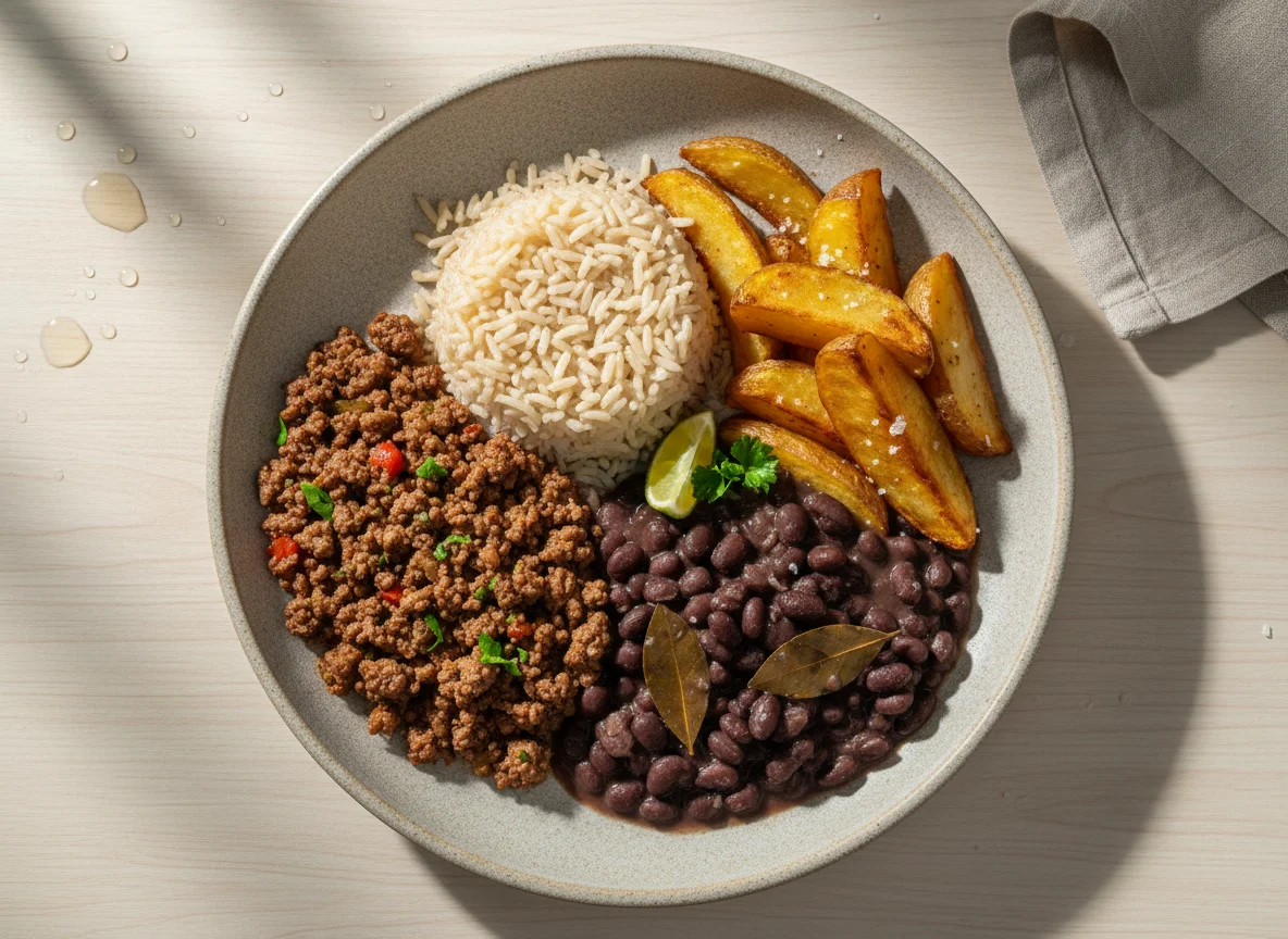 Marmita de Carne Moída com Arroz Integral, Feijão e Batata Rústica photo
