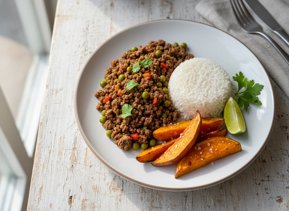 Marmita de carne moída com batata doce e arroz photo