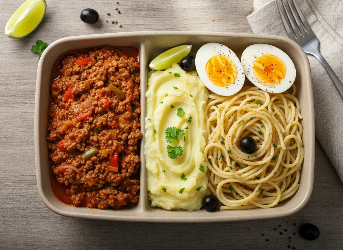 Marmita de carne moída com batata, ovos e macarrão photo