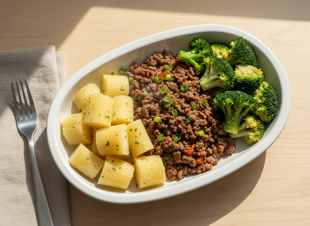 Marmita de carne moída com brócolis e mandioca photo