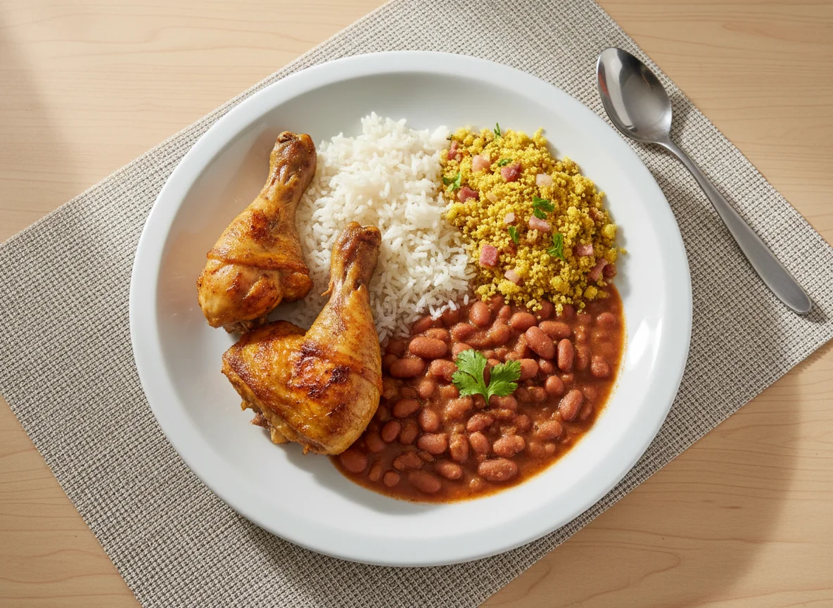 Marmita de Coxa e Sobrecoxa Assadas com Arroz, Feijão Carioca e Farofa photo