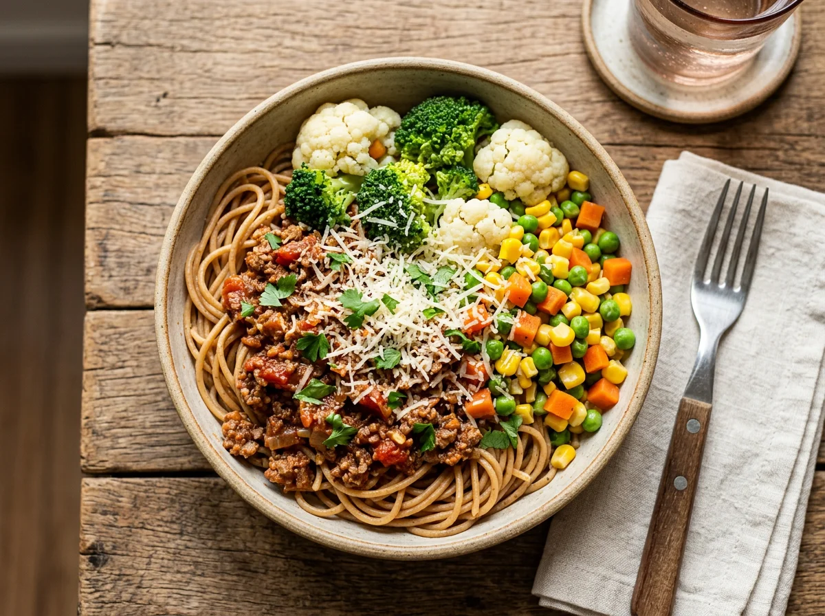 Marmita de espaguete com carne moída e vegetais photo