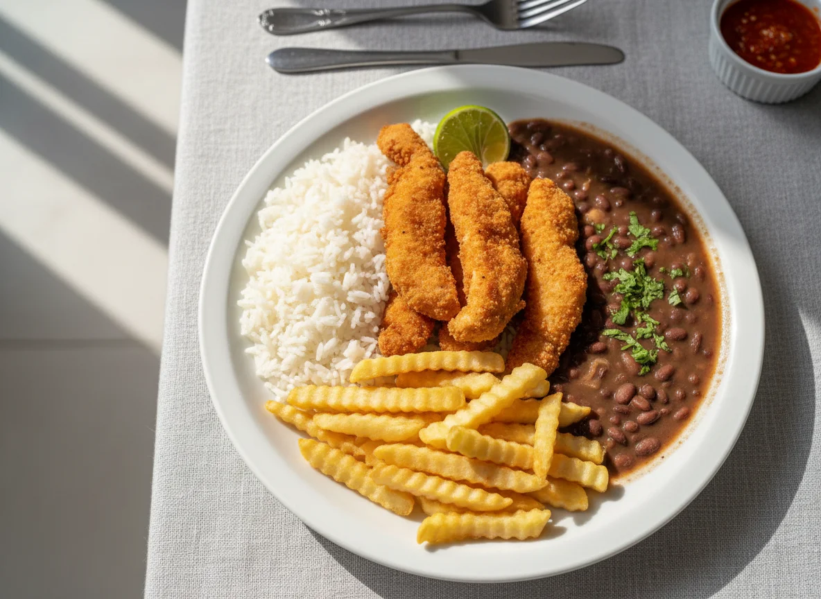 Marmita de Frango à Milanesa com Arroz, Feijão e Batata Frita photo