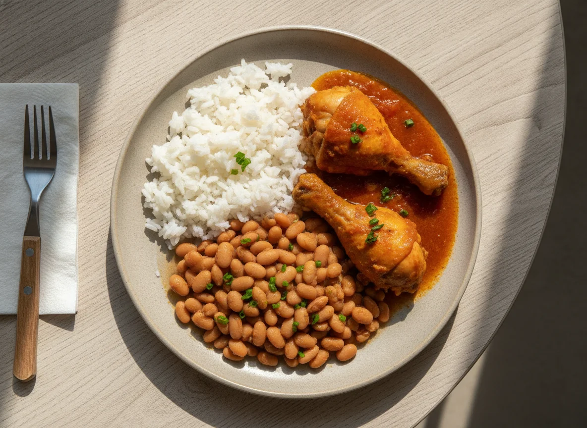 Marmita de frango, arroz e feijão photo