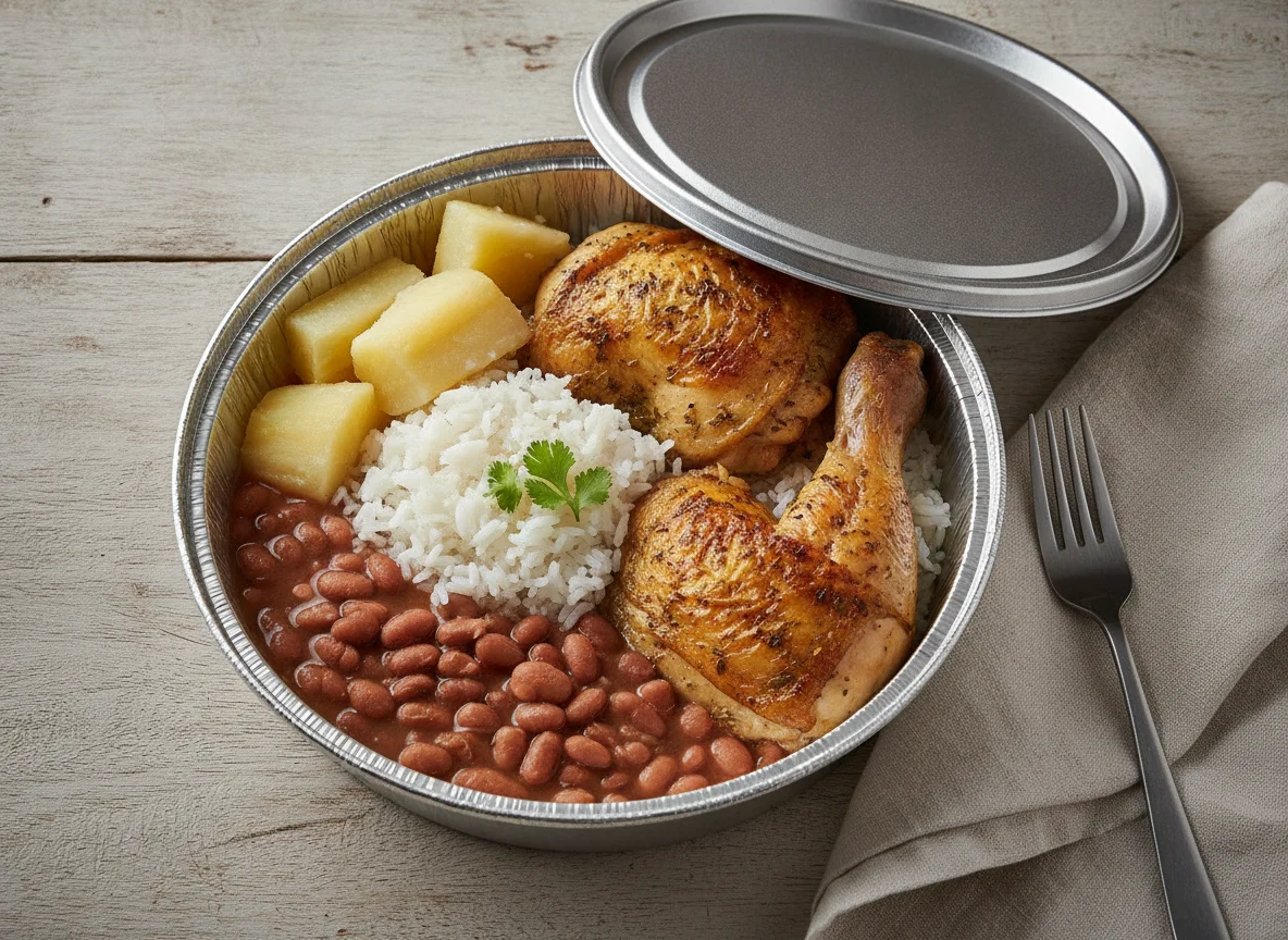 Marmita de Frango Assado com Arroz, Feijão e Mandioca photo