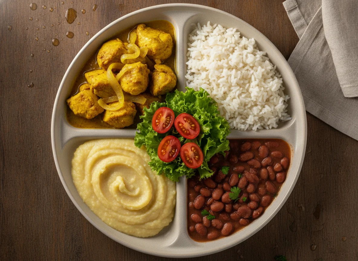 Marmita de Frango com Açafrão, Arroz, Feijão, Purê e Salada photo