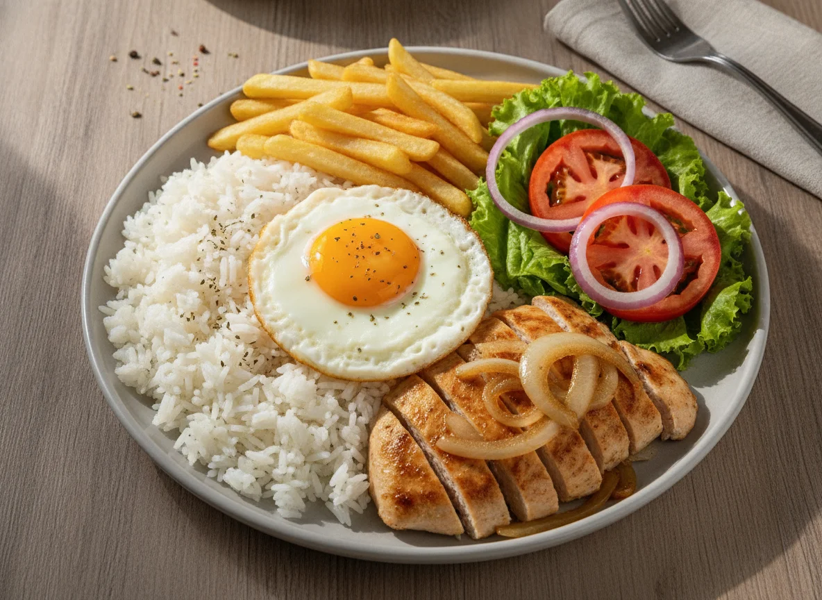 Marmita de Frango com Arroz, Batata Frita e Salada photo