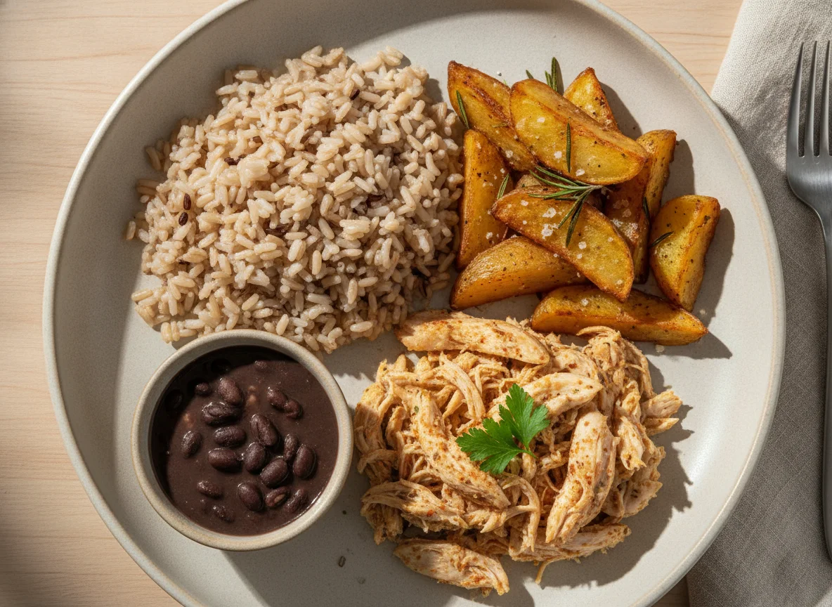 Marmita de frango com arroz e batata rústica photo
