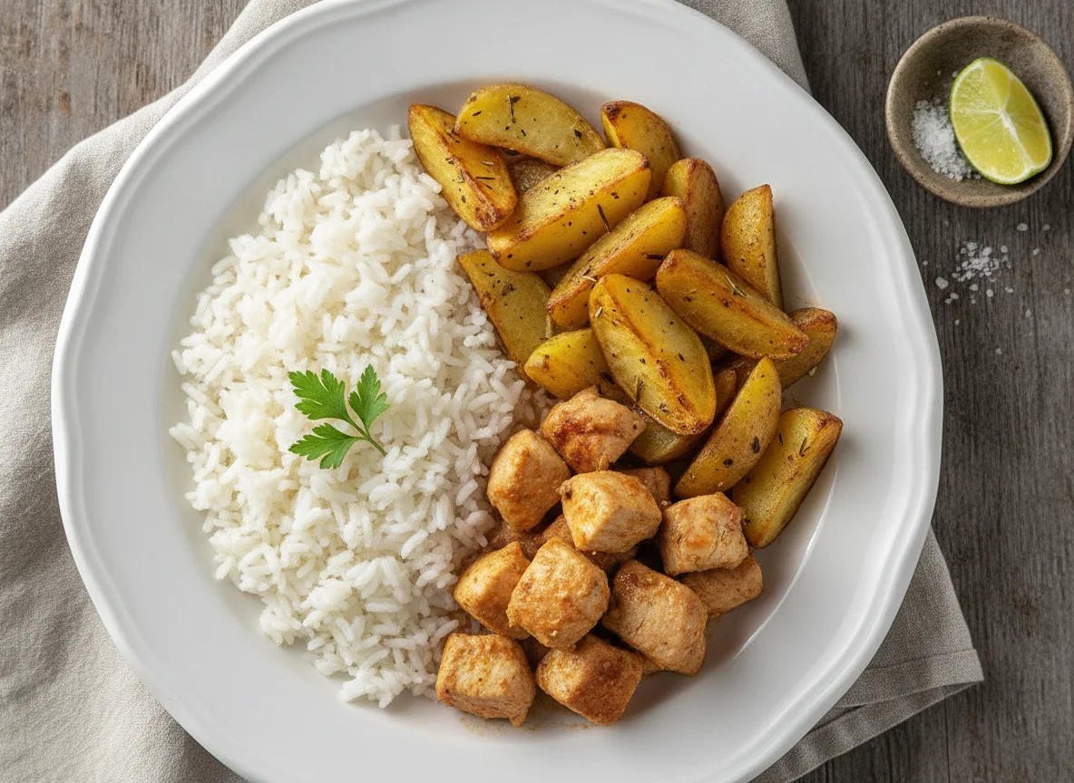 Marmita de frango com arroz e batatas assadas photo
