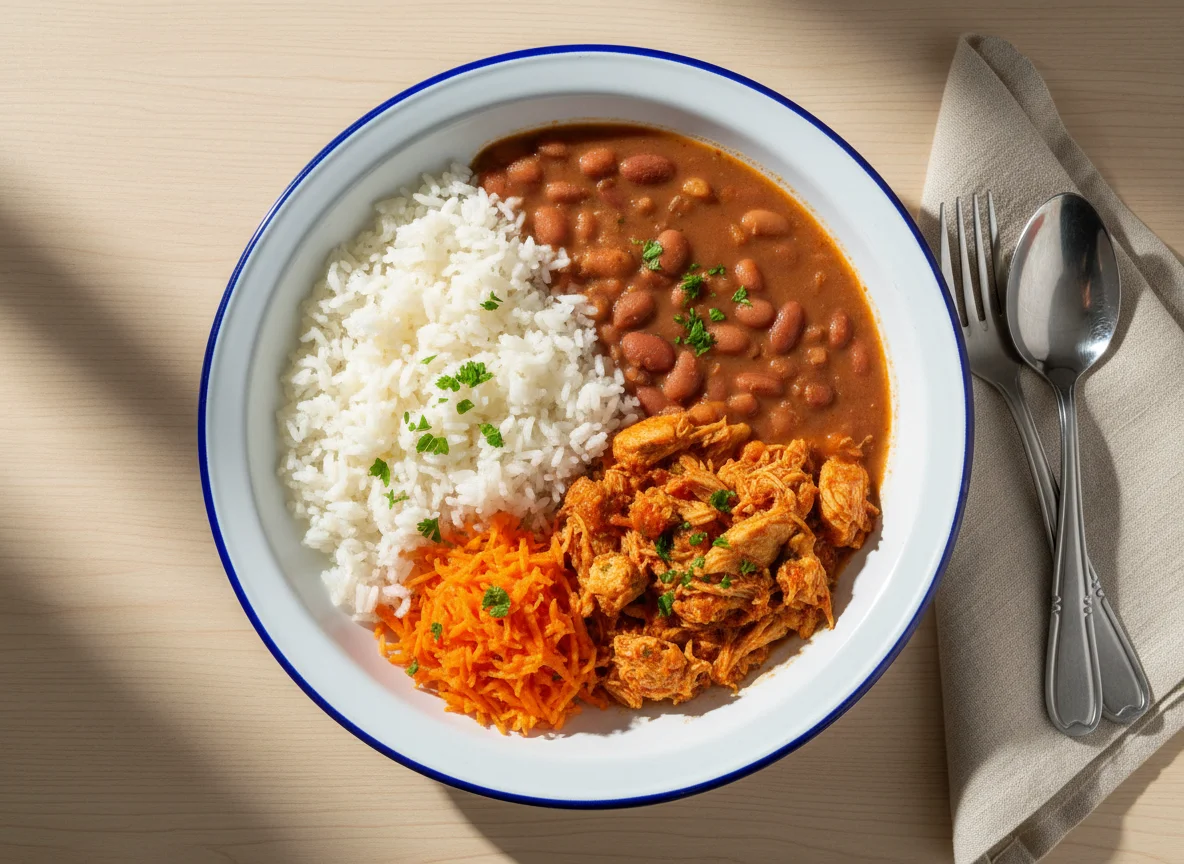 Marmita de frango com arroz e feijão photo