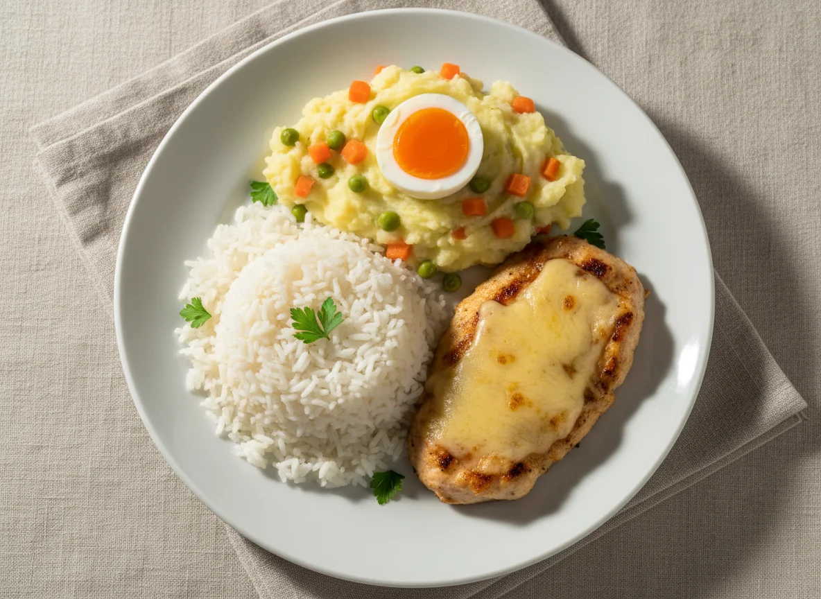 Marmita de frango com arroz e purê photo