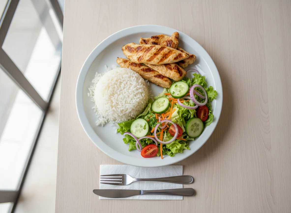 Marmita de frango com arroz e salada photo