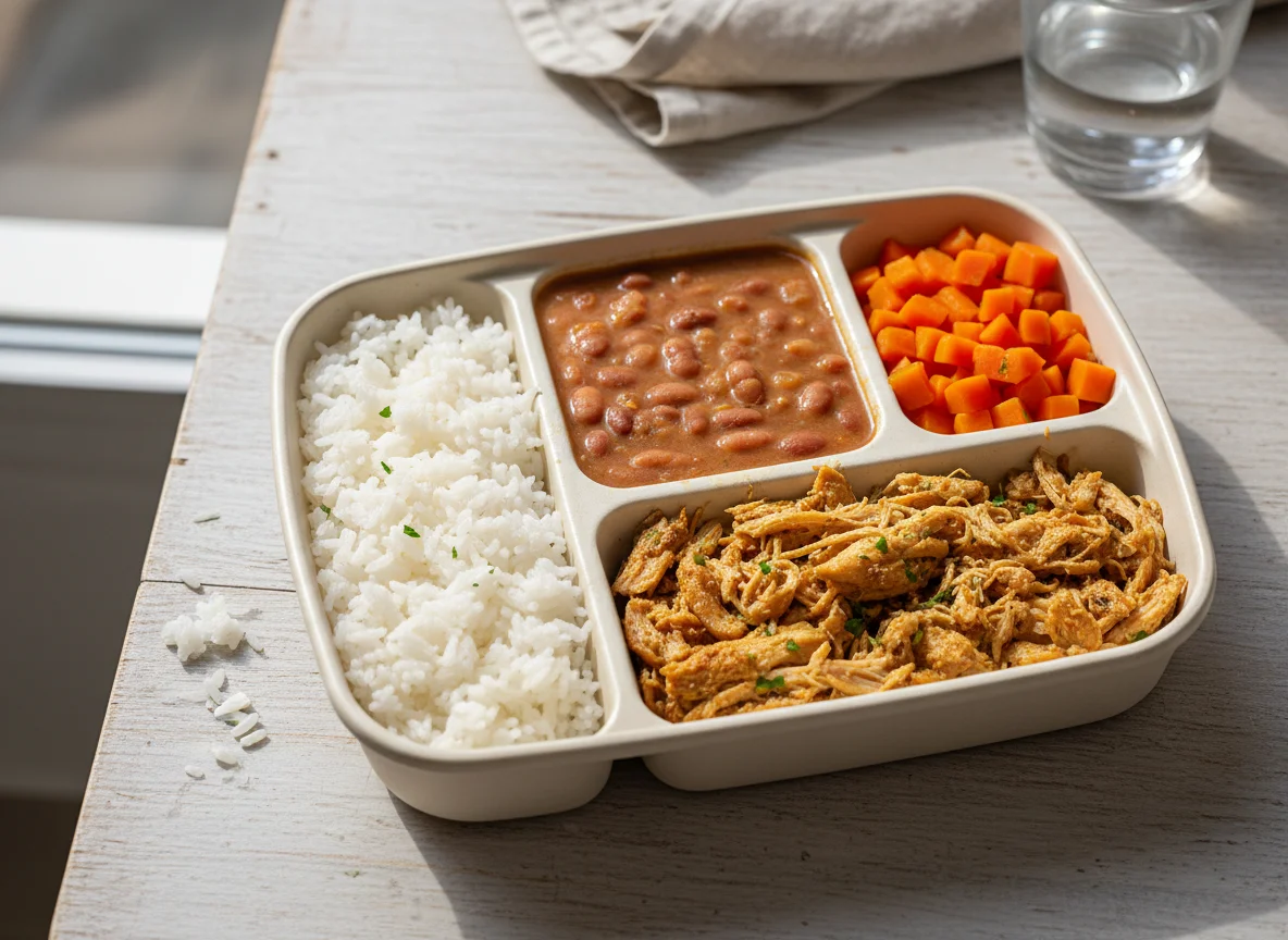 Marmita de frango com arroz, feijão e cenoura photo