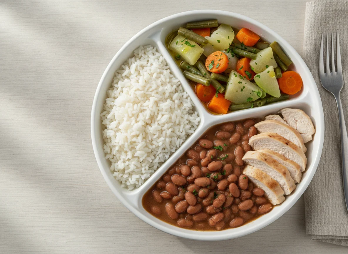 Marmita de Frango com Arroz, Feijão e Legumes photo
