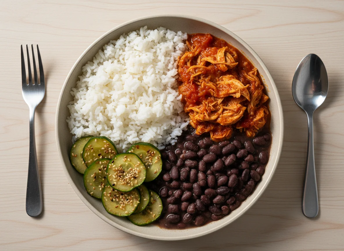 Marmita de frango com arroz, feijão e pepino agridoce photo