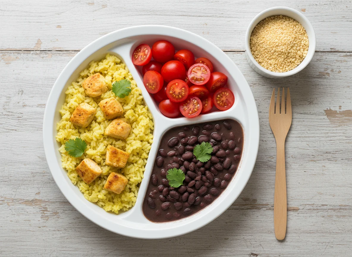 Marmita de frango com arroz, feijão e tomate photo