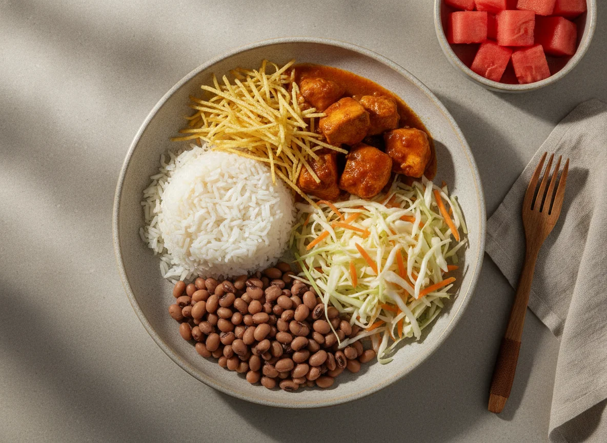 Marmita de Frango com Arroz, Feijão Fradinho e Batata Palha photo
