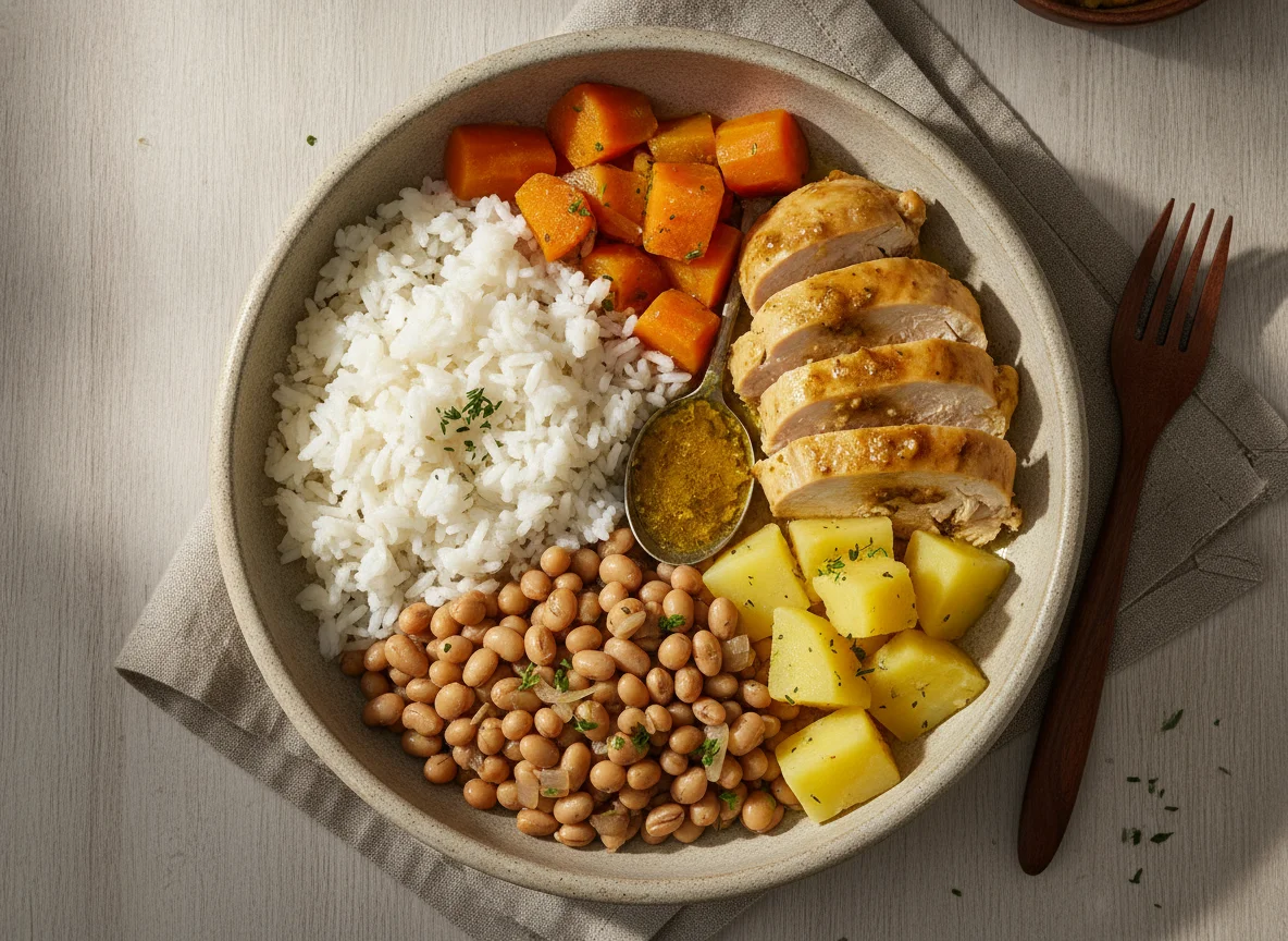 Marmita de Frango com Arroz, Feijão Fradinho e Legumes photo