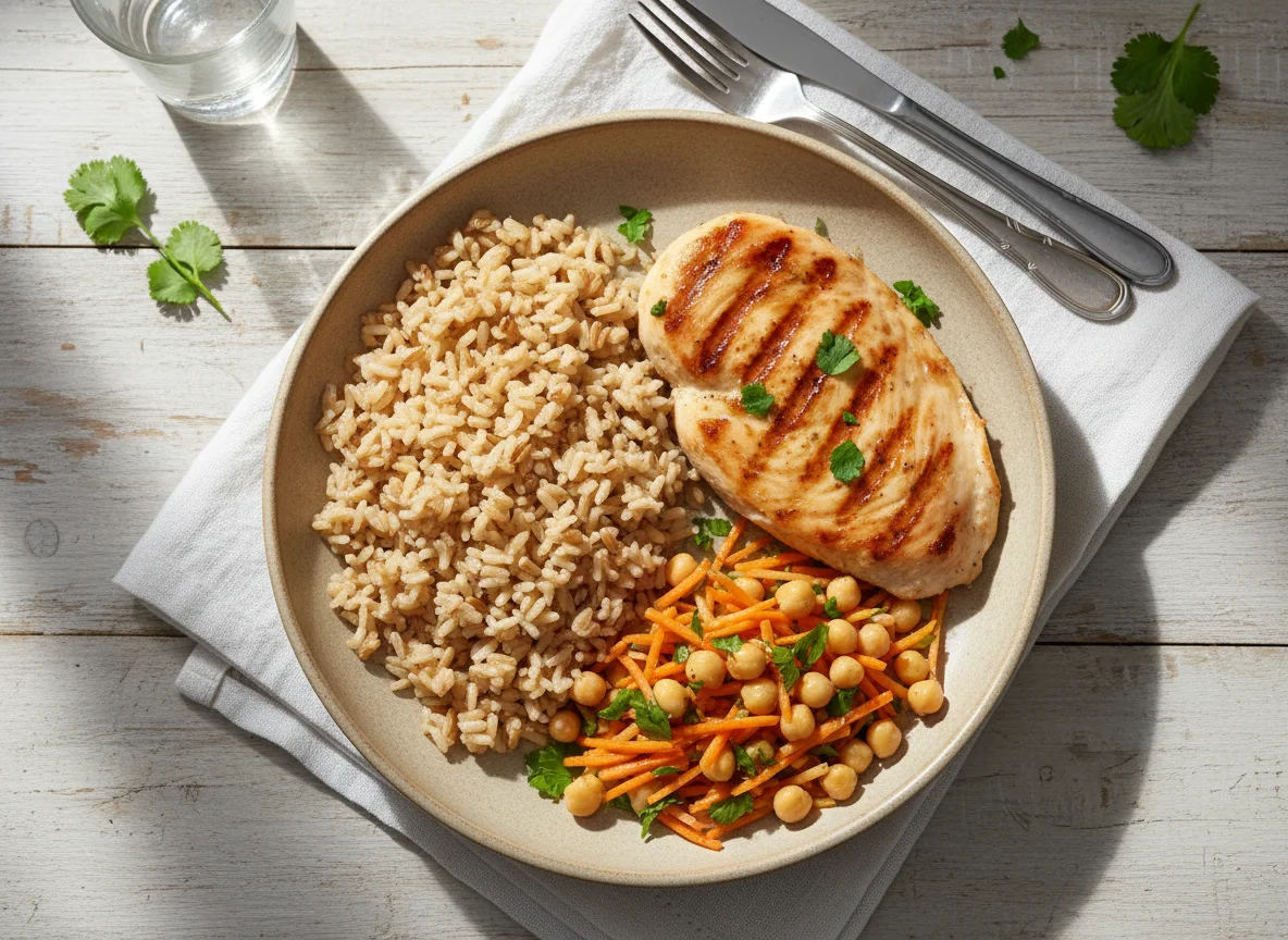 Marmita de frango com arroz integral e salada photo