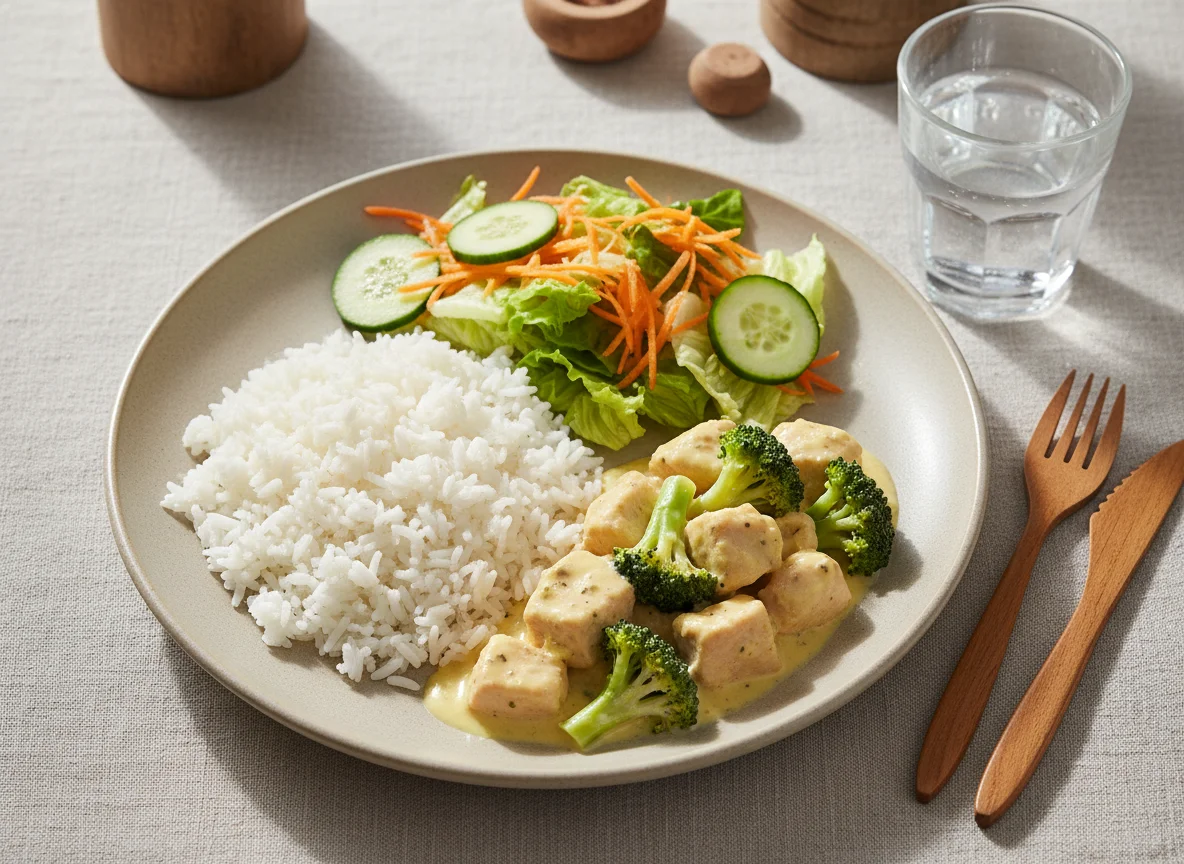 Marmita de frango com brócolis, arroz e salada photo