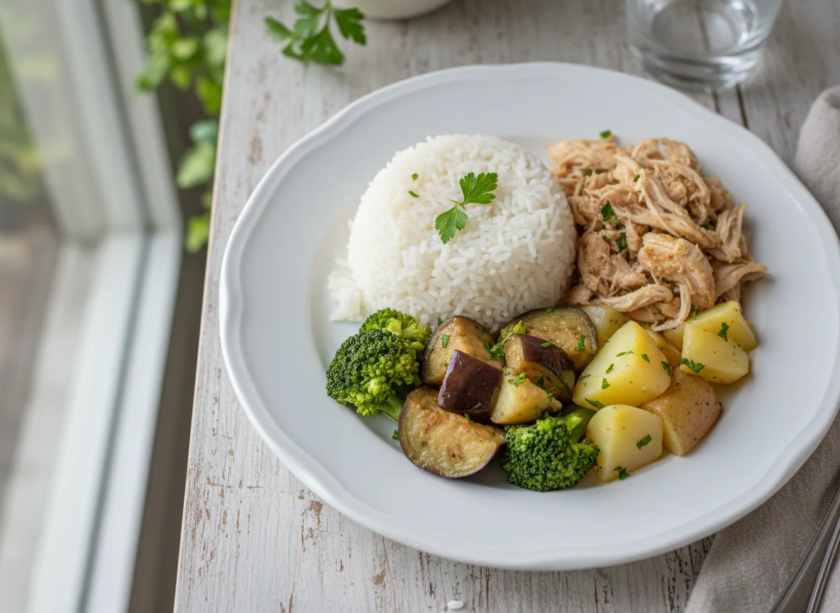 Marmita de frango com legumes e arroz photo