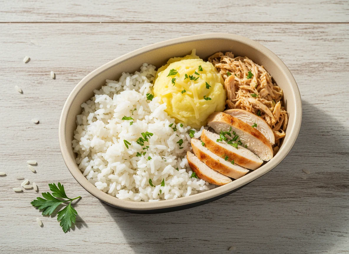 Marmita de frango com purê e arroz photo