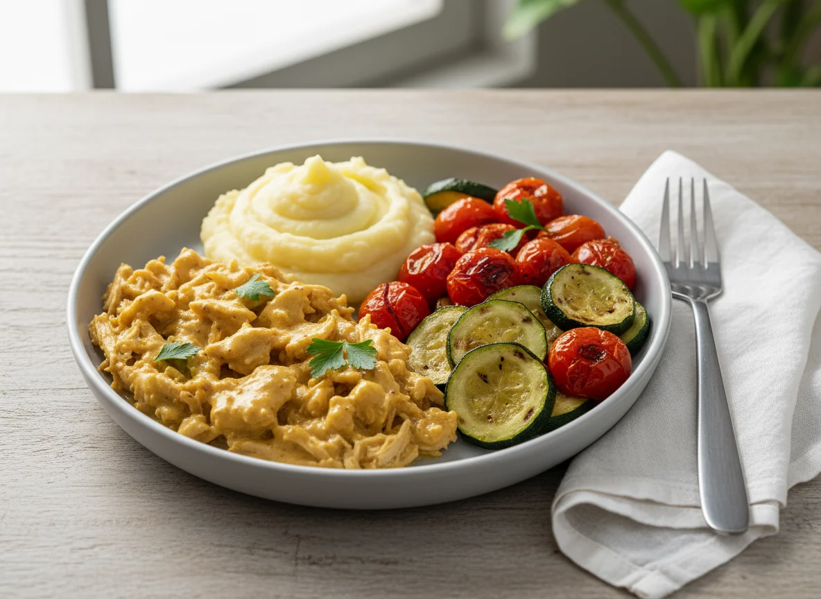 Marmita de frango com purê e legumes photo