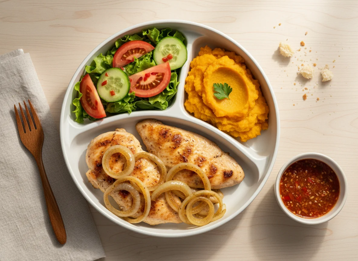 Marmita de frango com purê e salada photo