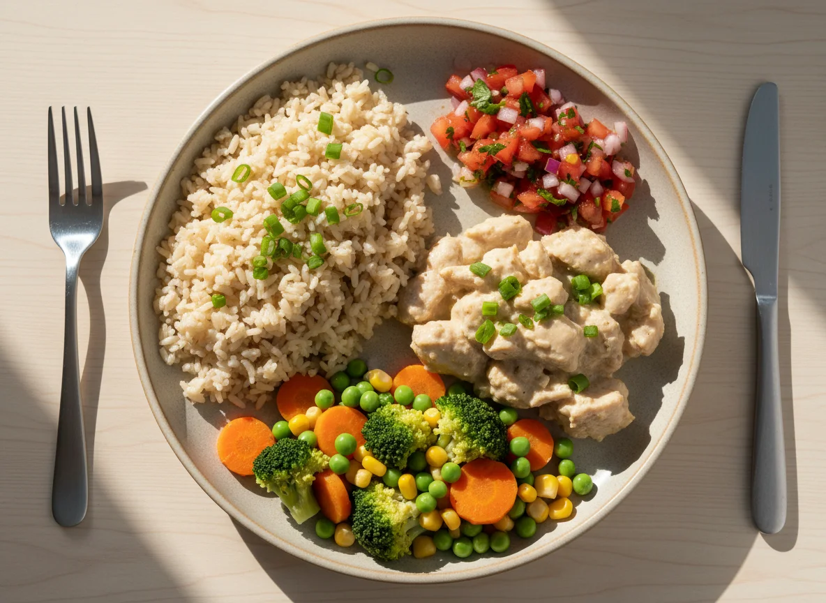 Marmita de frango cremoso com arroz e legumes, acompanhada de vinagrete photo