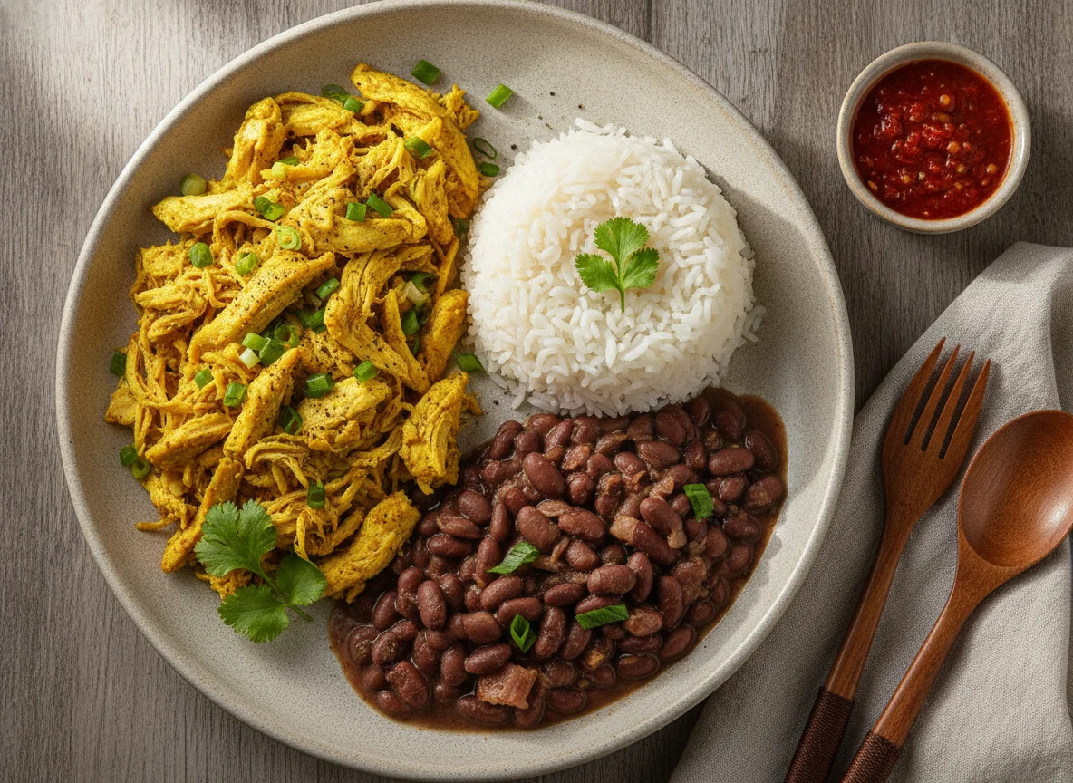Marmita de frango desfiado, arroz e feijão photo