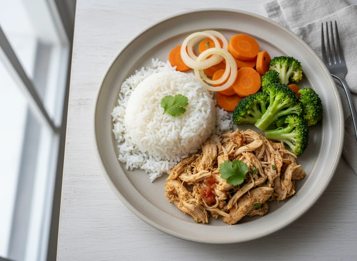 Marmita de frango desfiado com arroz e legumes photo
