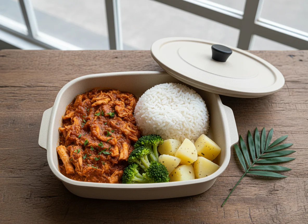 Marmita de frango desfiado com arroz e vegetais photo